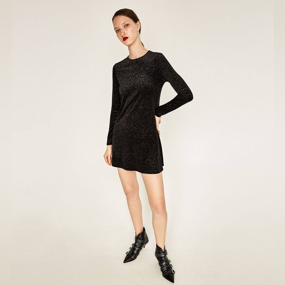 Zara W&B Collection Black Glitter Shift Dress SZ LG